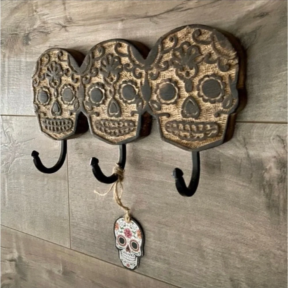Sugar Skull Wood 3 Hook Hanger